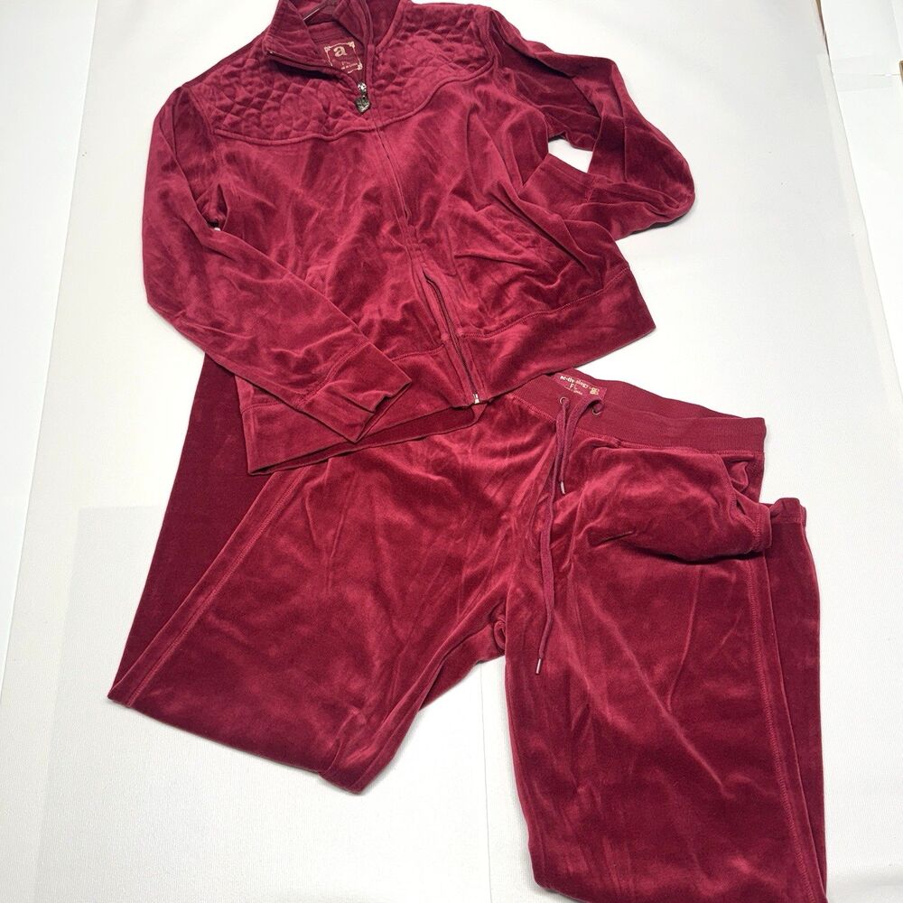 Activology Velour Tracksuit Set Women PL Petite Large Red Wine Quilted Zip Pant